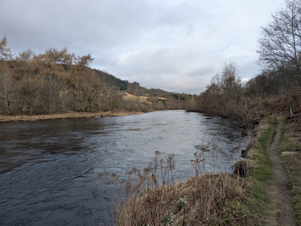 River Tay Rob Roy Walk past the black waters of the River Tay. Narrow footpath on the right.